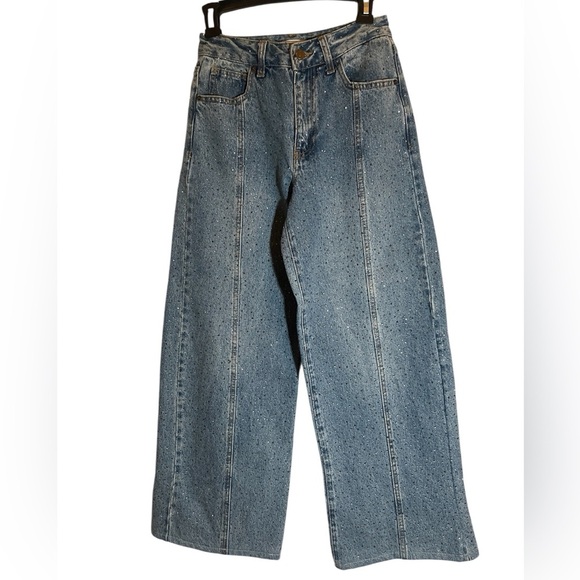 Forever 21 High Rise Wide Leg Rhinestone Denim Jeans Blue Size 25 Y2K Sparkle - Picture 10 of 11